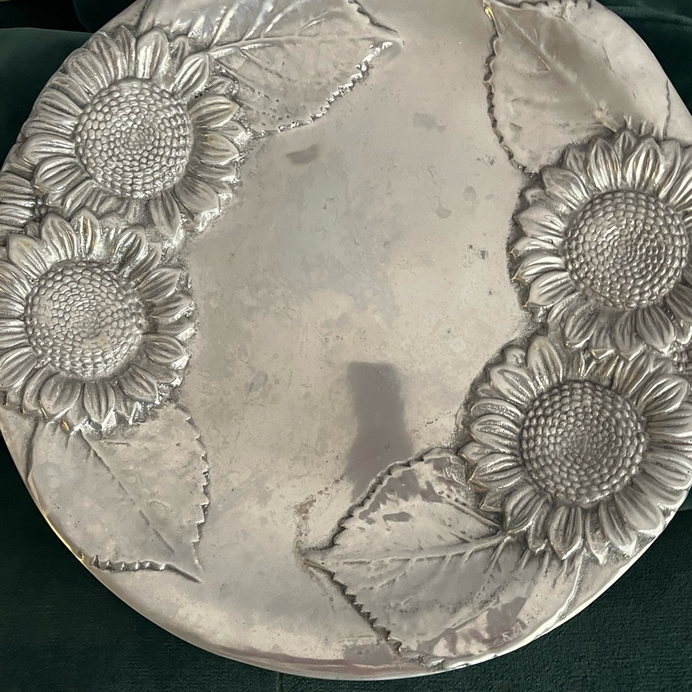 Pewter Sunflower Embossed Round Serving Tray